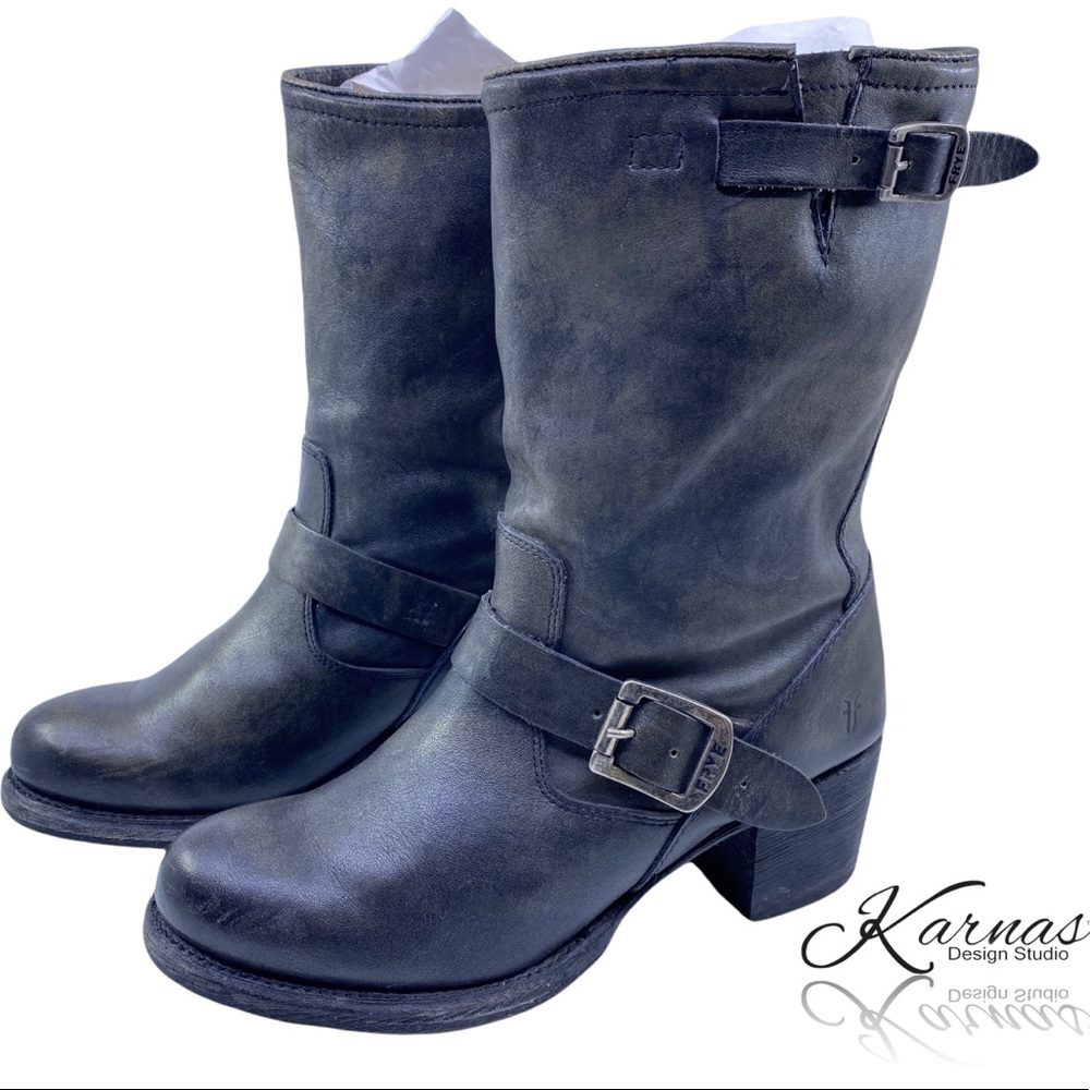 Frye “Vera” Short Distressed Black Engineer Boots 8